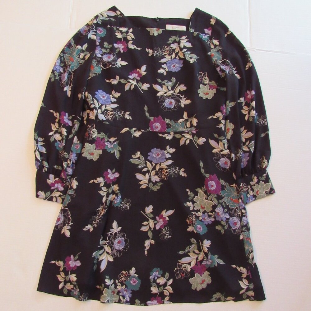 Women's Loft Long Sleeve Lined Midi Dress Black Floral Print size 12